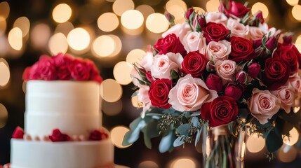 Roses and a cake on a softlit table setup, futuristic, manipulation, celebration backdrop