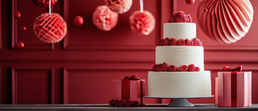 Redthemed cake and gift boxes in a festive indoor setup, surreal, blend mode, party setup