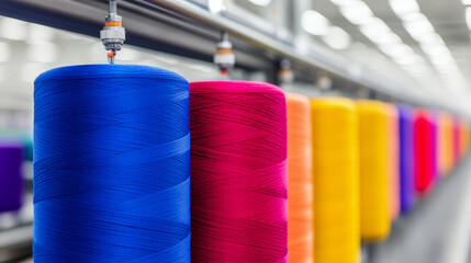 Vibrant spools of colored thread in a textile factory setting