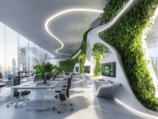 Futuristic interior of modern office, futuristic interior of modern building, future office filled with plants, Futuristic interior of working space, Led lighting, holographic system