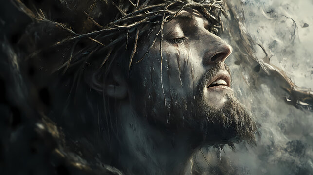 Poignant portrayal of christ wearing crown of thorns eyes lifted heavenward emotion etched on face soft ethereal light emphasizing divinity muted earthy palette. Ravenwood. Illustration