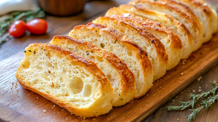 Sliced garlic bread with herbs on wooden board in rustic setting