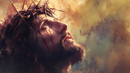 Poignant religious portrait jesus wearing crown of thorns eyes lifted heavenward soft ethereal light muted color palette focus on emotional expression spiritual symbolism. Ravenwood. Illustration