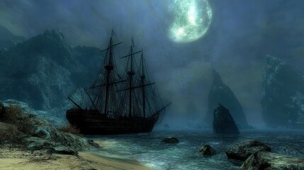 Fototapeta premium Coastal Waters with Ship and Moonlit Sky