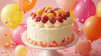 A beautifully decorated cake topped with fruits, surrounded by colorful balloons and confetti.