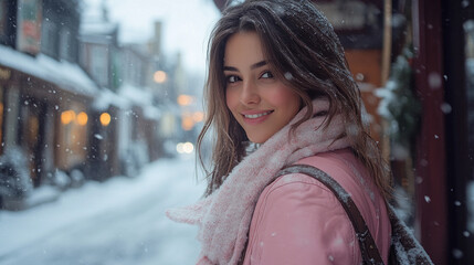 Fototapeta premium Pakistani woman in pink leather jacket enjoying winter on street in Canada