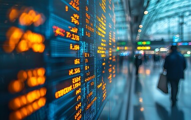 Stock ticker display in a modern building with blurred background of people walking.