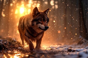 Wolf walking through snowy forest at sunset