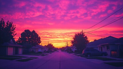 Fototapeta premium Vibrant pink sunrise over suburban street.