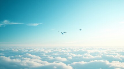 Two birds fly above a vast expanse of fluffy white clouds under a bright, clear blue sky.