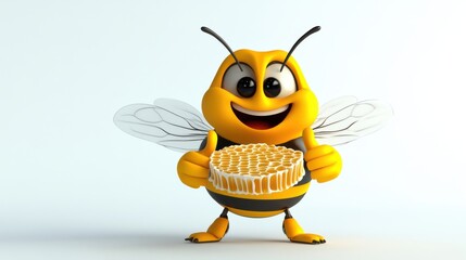 Cartoon Bee Holding Honeycomb with Cheerful Expression and Wings