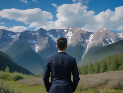 man in formal suit standing in front of majestic snow-capped mountain range serene landscape natural beauty inspirational view peaceful environment leadership solitude confidence exploration outdoors
 - Powered by Adobe