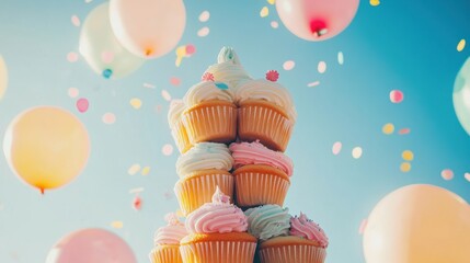 A colorful cupcake tower with balloons and confetti, perfect for a celebration.