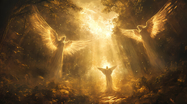 Spiritual ascension: divine light & celestial glory, faithful followers journey heavenward. Ravenwood. Illustration