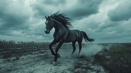 Obraz premium Black stallion running on dusty road under stormy sky.