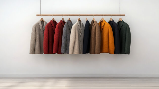 Colorful collection of hanging wool coats on wooden hangers in a minimalist space