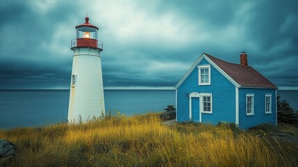 Lighthouse and keeper's house on a stormy sea.