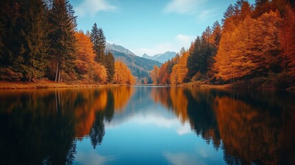 Calm autumn lake reflecting colorful trees and mountains.