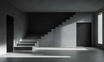 Obraz premium Modern minimalist architecture, concrete staircase, sunlight streams into a spacious room. Clean lines, contemporary design.