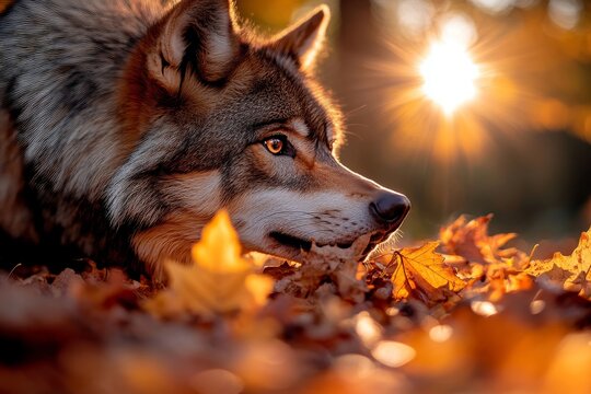 Gray wolf resting on autumn leaves at sunset - Powered by Adobe