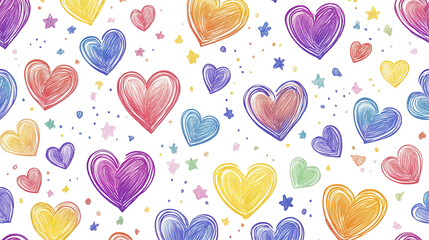 Colorful hearts and stars create playful, cheerful pattern on white