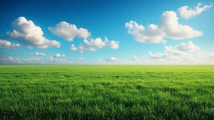 Vibrant green field under a bright blue sky with fluffy clouds.