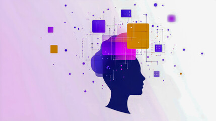 Silhouette of female profile with digital abstract design elements