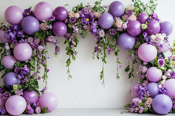 Elegant balloon and floral arch in purple and lavender tones