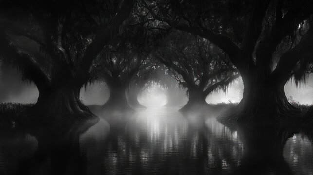 Dark Trees Enveloping a Foggy Swampy Path