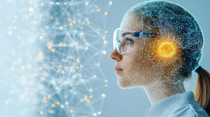 Caucasian female in futuristic glasses with digital network visualization