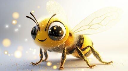 Cheerful Cartoon Bee Character with Sparkling Background and Glitter