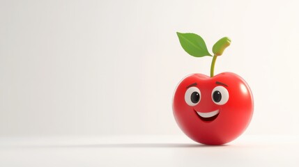 Playful cartoon cherry character with smiling face and green leaf
