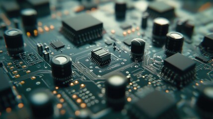 Electronics components like capacitors, resistors, and integrated circuits on a grid 