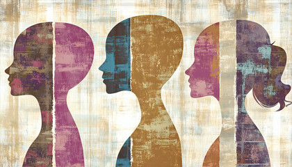 Abstract artwork depicting three female profiles in muted tones, showcasing diversity and unity.  A textured background enhances the artistic feel.