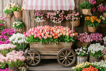 Colorful tulip display in a rustic wooden cart at a flower market