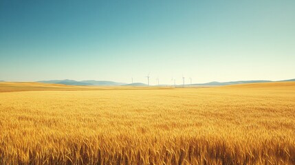 Obraz premium Golden wheat field under a clear blue sky with wind turbines in the distance.