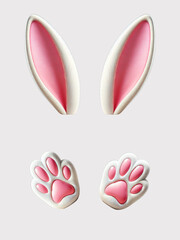 Cute White Bunny Ears and Paws Illustration on white Background