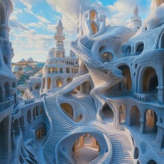 A surreal architectural landscape featuring intricate, winding staircases and organic forms.
