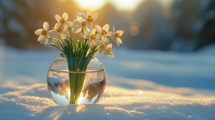 A vase of white flowers in water resting on snow with sunlight in the background.