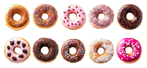 a colorful assortment of donuts arranged in two rows. showcasing various toppings like sprinkles. chocolate. and frosting  appealing nature of these treats. making them enticing for dessert lovers