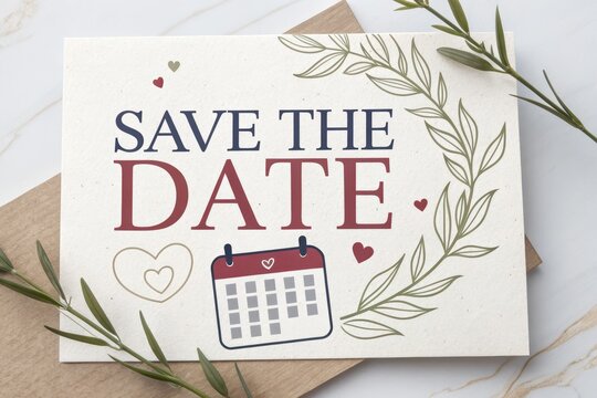 Elegant save the date card with calendar and leaf design