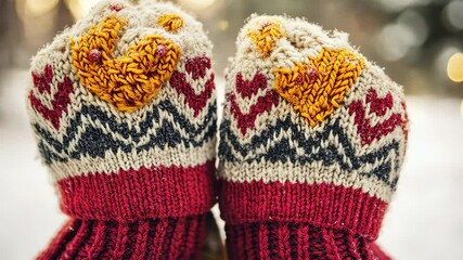 Cozy knitted mittens with colorful patterns resting on a snow-covered surface during winter - Powered by Adobe