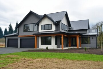 Modern two-story house design with large windows, a spacious driveway, and contemporary architectural features situated in a lush green landscape