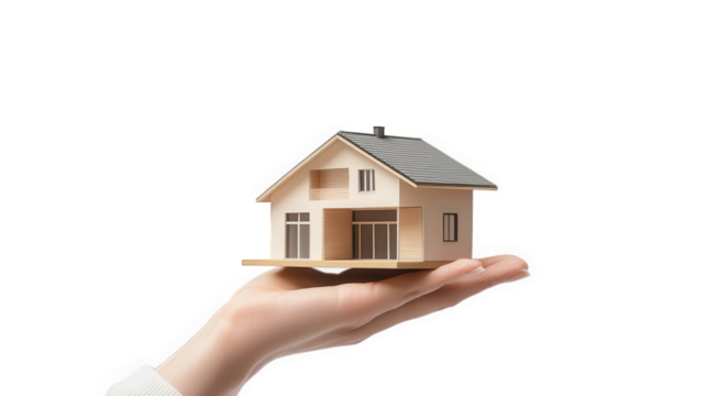 a hand holds a miniature wooden house model. symbolizing home ownership. real estate. or architectural design the clean background emphasizes the model's details. making it an ideal image for discussi - Powered by Adobe