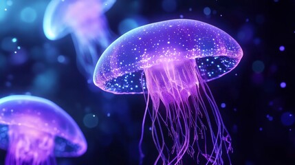 Gentle Glowing Jellyfish in Dark Ocean Waters