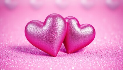 Obraz premium Zwei glänzende rosa Herzen auf einem sanft glitzernden rosa Hintergrund symbolisieren Liebe und Romantik – ideal für Valentinstag oder Hochzeitskarten. Generative KI.