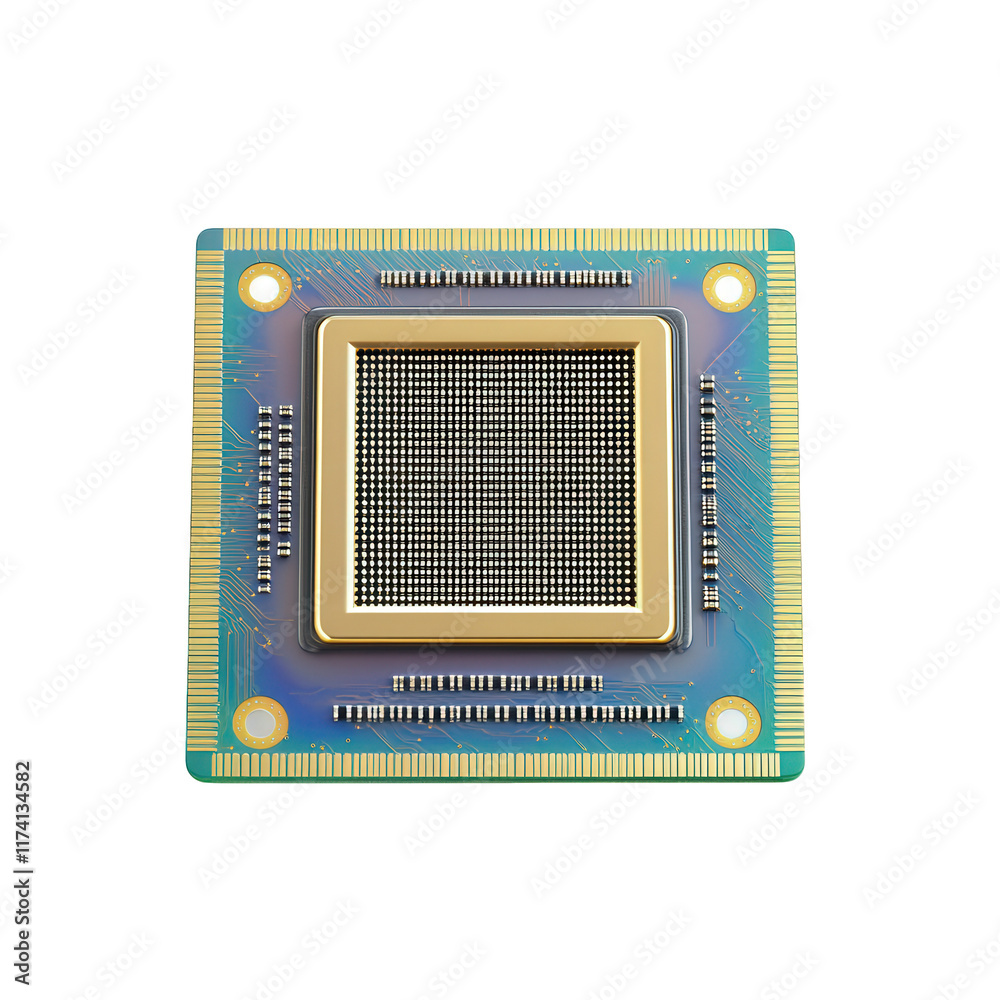 Fototapete a computer microprocessor or chip. showcasing its intricate design with a square shape. gold accents