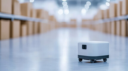 Automated warehouse robot navigating aisle in modern distribution center