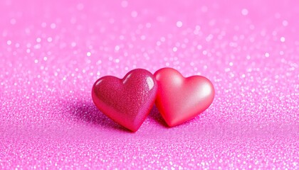 Obraz premium Zwei glänzende rote Herzen auf einem sanft glitzernden rosa Hintergrund symbolisieren Liebe und Romantik – ideal für Valentinstag oder Hochzeitskarten. Generative KI.
