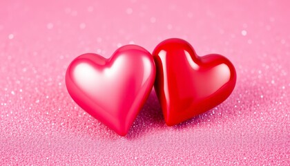 Obraz premium Zwei glänzende rote Herzen auf einem sanft glitzernden rosa Hintergrund symbolisieren Liebe und Romantik – ideal für Valentinstag oder Hochzeitskarten. Generative KI.